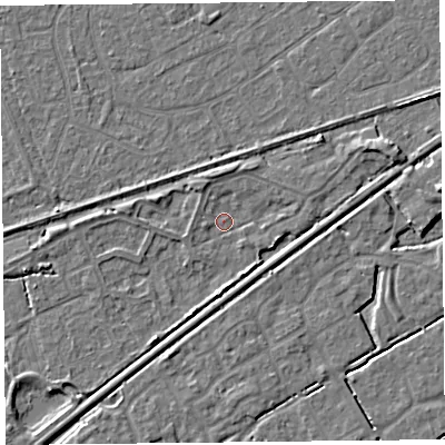 Shaded relief map of the ground around BS228LZ, computed from Environment Agency LiDAR. The ground here sits at about 5 m above sea level and falls 4 m across the surrounding 800 m. Surface water reaching this point runs off ground lying to the north, 2.0 m higher.