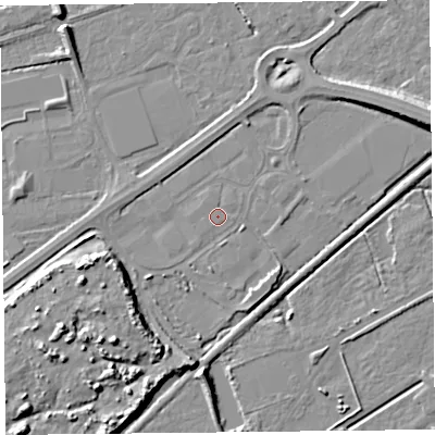 Shaded relief map of the ground around BS228NA, computed from Environment Agency LiDAR. The ground here sits at about 6 m above sea level and falls 11 m across the surrounding 800 m. Surface water reaching this point runs off ground lying to the north-west, 0.6 m higher.