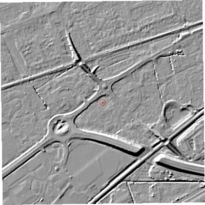Shaded relief map of the ground around BS228NB, computed from Environment Agency LiDAR. The ground here sits at about 5 m above sea level and falls 9 m across the surrounding 800 m. Surface water reaching this point runs off ground lying to the south-east, 8.0 m higher.