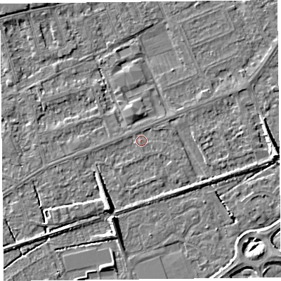 Shaded relief map of the ground around BS228ND, computed from Environment Agency LiDAR. The ground here sits at about 6 m above sea level and falls 7 m across the surrounding 800 m. Surface water reaching this point runs off ground lying to the south, 1.1 m higher.