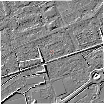 Shaded relief map of the ground around BS228NE, computed from Environment Agency LiDAR. The ground here sits at about 5 m above sea level and falls 7 m across the surrounding 800 m. Surface water reaching this point runs off ground lying to the east, 0.5 m higher.