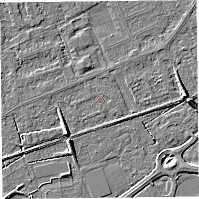 Shaded relief map of the ground around BS228NF, computed from Environment Agency LiDAR. The ground here sits at about 5 m above sea level and falls 7 m across the surrounding 800 m. Surface water reaching this point runs off ground lying to the north-west, 0.8 m higher.