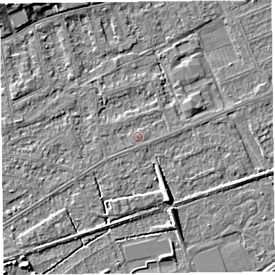 Shaded relief map of the ground around BS228NH, computed from Environment Agency LiDAR. The ground here sits at about 6 m above sea level and falls 9 m across the surrounding 800 m. Surface water reaching this point runs off ground lying to the east-north-east, 0.8 m higher.