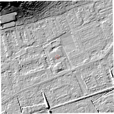 Shaded relief map of the ground around BS228NL, computed from Environment Agency LiDAR. The ground here sits at about 5 m above sea level and falls 23 m across the surrounding 800 m. Surface water reaching this point runs off ground lying to the south, 1.9 m higher.
