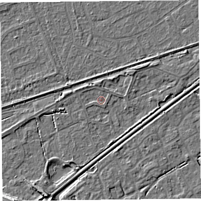 Shaded relief map of the ground around BS228NN, computed from Environment Agency LiDAR. The ground here sits at about 5 m above sea level and falls 8 m across the surrounding 800 m. Surface water reaching this point runs off ground lying to the north-west, 1.4 m higher.