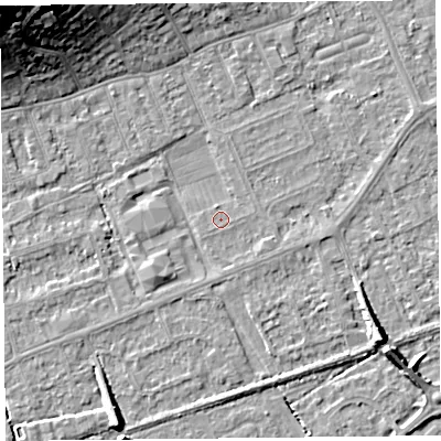 Shaded relief map of the ground around BS228NP, computed from Environment Agency LiDAR. The ground here sits at about 5 m above sea level and falls 24 m across the surrounding 800 m. The ground contributing surface water to this point lies to the south-west.