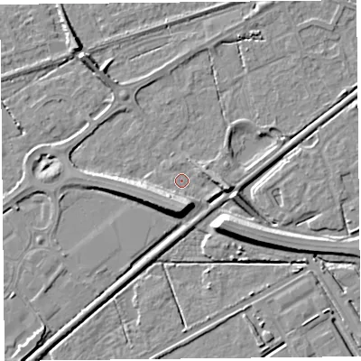 Shaded relief map of the ground around BS228NQ, computed from Environment Agency LiDAR. The ground here sits at about 6 m above sea level and falls 9 m across the surrounding 800 m. Surface water reaching this point runs off ground lying to the south, 7.3 m higher.