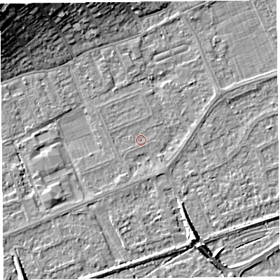 Shaded relief map of the ground around BS228NR, computed from Environment Agency LiDAR. The ground here sits at about 5 m above sea level and falls 15 m across the surrounding 800 m. Surface water reaching this point runs off ground lying to the east-north-east, 1.4 m higher.