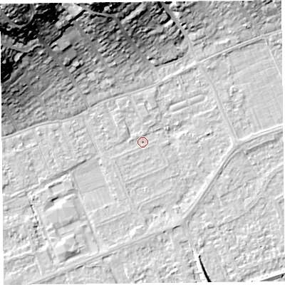 Shaded relief map of the ground around BS228NS, computed from Environment Agency LiDAR. The ground here sits at about 5 m above sea level and falls 35 m across the surrounding 800 m. Surface water reaching this point runs off ground lying to the north-north-west, 25.0 m higher.