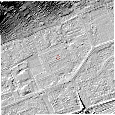 Shaded relief map of the ground around BS228NT, computed from Environment Agency LiDAR. The ground here sits at about 5 m above sea level and falls 27 m across the surrounding 800 m. The ground contributing surface water to this point lies to the north.