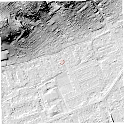 Shaded relief map of the ground around BS228NU, computed from Environment Agency LiDAR. The ground here sits at about 5 m above sea level and falls 38 m across the surrounding 800 m. Surface water reaching this point runs off ground lying to the north-west, 37.1 m higher.