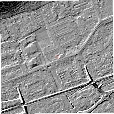 Shaded relief map of the ground around BS228NW, computed from Environment Agency LiDAR. The ground here sits at about 5 m above sea level and falls 12 m across the surrounding 800 m. Surface water reaching this point runs off ground lying to the east-north-east, 0.8 m higher.