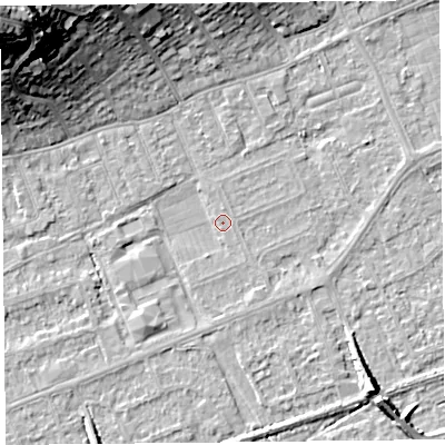 Shaded relief map of the ground around BS228NX, computed from Environment Agency LiDAR. The ground here sits at about 5 m above sea level and falls 29 m across the surrounding 800 m. Surface water reaching this point runs off ground lying to the south-west, 2.0 m higher.