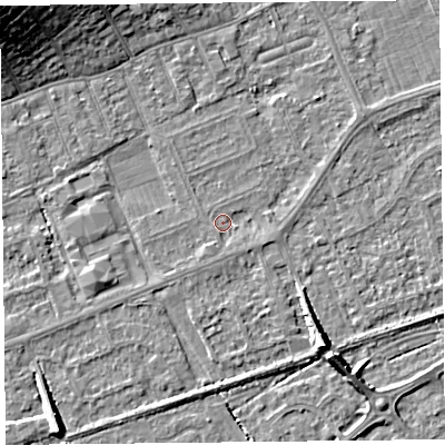 Shaded relief map of the ground around BS228NY, computed from Environment Agency LiDAR. The ground here sits at about 5 m above sea level and falls 15 m across the surrounding 800 m. Surface water reaching this point runs off ground lying to the north-east, 1.4 m higher.