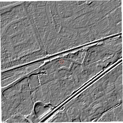 Shaded relief map of the ground around BS228NZ, computed from Environment Agency LiDAR. The ground here sits at about 6 m above sea level and falls 6 m across the surrounding 800 m. Surface water reaching this point runs off ground lying to the west-north-west, 1.4 m higher.