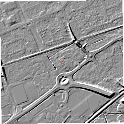 Shaded relief map of the ground around BS228PA, computed from Environment Agency LiDAR. The ground here sits at about 5 m above sea level and falls 9 m across the surrounding 800 m. Surface water reaching this point runs off ground lying to the east-south-east, 0.6 m higher.