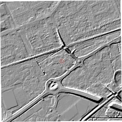 Shaded relief map of the ground around BS228PB, computed from Environment Agency LiDAR. The ground here sits at about 5 m above sea level and falls 9 m across the surrounding 800 m. Surface water reaching this point runs off ground lying to the south-west, 0.7 m higher.