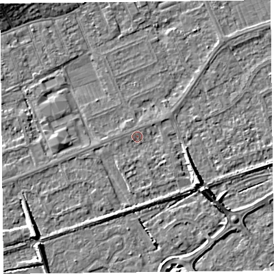Shaded relief map of the ground around BS228PD, computed from Environment Agency LiDAR. The ground here sits at about 5 m above sea level and falls 7 m across the surrounding 800 m. Surface water reaching this point runs off ground lying to the south-east, 1.0 m higher.
