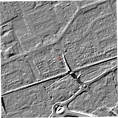 Shaded relief map of the ground around BS228PE, computed from Environment Agency LiDAR. The ground here sits at about 6 m above sea level and falls 7 m across the surrounding 800 m. Surface water reaching this point runs off ground lying to the south-east, 5.0 m higher.
