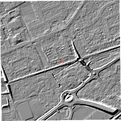 Shaded relief map of the ground around BS228PF, computed from Environment Agency LiDAR. The ground here sits at about 5 m above sea level and falls 9 m across the surrounding 800 m. Surface water reaching this point runs off ground lying to the east, 5.4 m higher.