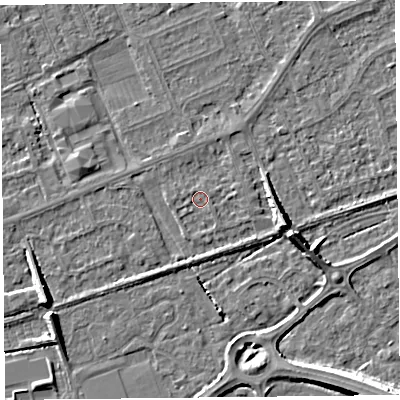 Shaded relief map of the ground around BS228PG, computed from Environment Agency LiDAR. The ground here sits at about 5 m above sea level and falls 8 m across the surrounding 800 m. Surface water reaching this point runs off ground lying to the north-north-east, 0.7 m higher.