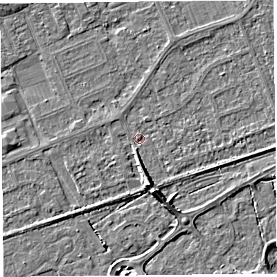 Shaded relief map of the ground around BS228PL, computed from Environment Agency LiDAR. The ground here sits at about 6 m above sea level and falls 7 m across the surrounding 800 m. Surface water reaching this point runs off ground lying to the south, 5.0 m higher.