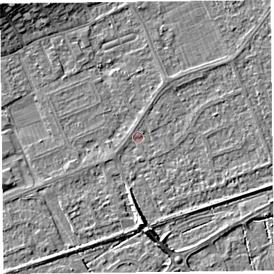 Shaded relief map of the ground around BS228PN, computed from Environment Agency LiDAR. The ground here sits at about 5 m above sea level and falls 9 m across the surrounding 800 m. Surface water reaching this point runs off ground lying to the south, 5.0 m higher.
