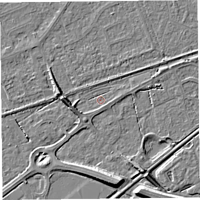 Shaded relief map of the ground around BS228PQ, computed from Environment Agency LiDAR. The ground here sits at about 5 m above sea level and falls 9 m across the surrounding 800 m. Surface water reaching this point runs off ground lying to the west-south-west, 3.0 m higher.