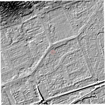 Shaded relief map of the ground around BS228PR, computed from Environment Agency LiDAR. The ground here sits at about 5 m above sea level and falls 14 m across the surrounding 800 m. Surface water reaching this point runs off ground lying to the south-south-west, 5.7 m higher.