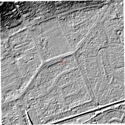 Shaded relief map of the ground around BS228PS, computed from Environment Agency LiDAR. The ground here sits at about 5 m above sea level and falls 14 m across the surrounding 800 m. Surface water reaching this point runs off ground lying to the west, 1.3 m higher.