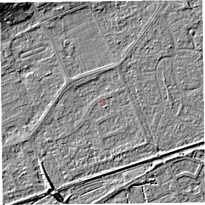 Shaded relief map of the ground around BS228PT, computed from Environment Agency LiDAR. The ground here sits at about 5 m above sea level and falls 8 m across the surrounding 800 m. Surface water reaching this point runs off ground lying to the south-east, 1.0 m higher.