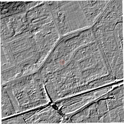 Shaded relief map of the ground around BS228PU, computed from Environment Agency LiDAR. The ground here sits at about 5 m above sea level and falls 7 m across the surrounding 800 m. Surface water reaching this point runs off ground lying to the north-east, 1.1 m higher.