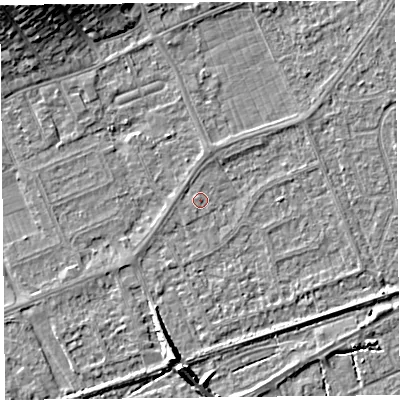 Shaded relief map of the ground around BS228PW, computed from Environment Agency LiDAR. The ground here sits at about 6 m above sea level and falls 9 m across the surrounding 800 m. Surface water reaching this point runs off ground lying to the north-north-east, 1.2 m higher.