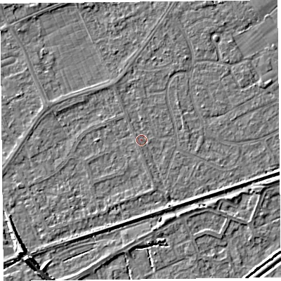 Shaded relief map of the ground around BS228PX, computed from Environment Agency LiDAR. The ground here sits at about 6 m above sea level and falls 6 m across the surrounding 800 m. Surface water reaching this point runs off ground lying to the south, 0.6 m higher.