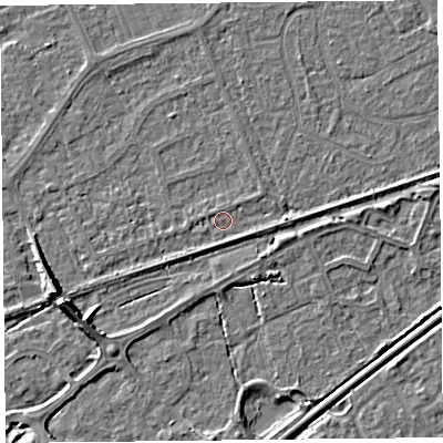 Shaded relief map of the ground around BS228PY, computed from Environment Agency LiDAR. The ground here sits at about 5 m above sea level and falls 7 m across the surrounding 800 m. Surface water reaching this point runs off ground lying to the east, 2.2 m higher.