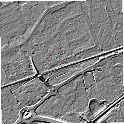 Shaded relief map of the ground around BS228PZ, computed from Environment Agency LiDAR. The ground here sits at about 5 m above sea level and falls 7 m across the surrounding 800 m. Surface water reaching this point runs off ground lying to the west-south-west, 5.7 m higher.