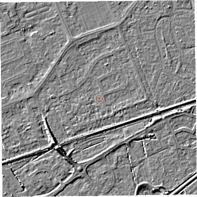 Shaded relief map of the ground around BS228QA, computed from Environment Agency LiDAR. The ground here sits at about 5 m above sea level and falls 7 m across the surrounding 800 m. Surface water reaching this point runs off ground lying to the east, 0.9 m higher.