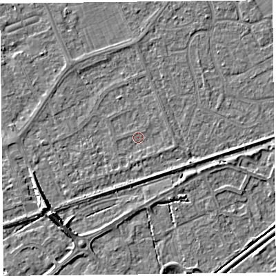 Shaded relief map of the ground around BS228QB, computed from Environment Agency LiDAR. The ground here sits at about 5 m above sea level and falls 7 m across the surrounding 800 m. Surface water reaching this point runs off ground lying to the east-south-east, 0.9 m higher.