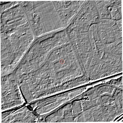 Shaded relief map of the ground around BS228QD, computed from Environment Agency LiDAR. The ground here sits at about 5 m above sea level and falls 7 m across the surrounding 800 m. Surface water reaching this point runs off ground lying to the south-east, 0.9 m higher.