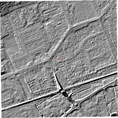 Shaded relief map of the ground around BS228QE, computed from Environment Agency LiDAR. The ground here sits at about 5 m above sea level and falls 7 m across the surrounding 800 m. Surface water reaching this point runs off ground lying to the south, 5.0 m higher.