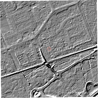 Shaded relief map of the ground around BS228QF, computed from Environment Agency LiDAR. The ground here sits at about 5 m above sea level and falls 7 m across the surrounding 800 m. Surface water reaching this point runs off ground lying to the south-south-west, 5.0 m higher.
