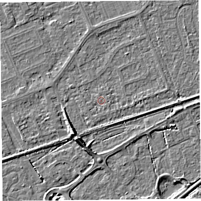 Shaded relief map of the ground around BS228QG, computed from Environment Agency LiDAR. The ground here sits at about 5 m above sea level and falls 7 m across the surrounding 800 m. Surface water reaching this point runs off ground lying to the south-south-west, 0.7 m higher.