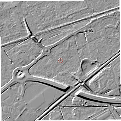 Shaded relief map of the ground around BS228QH, computed from Environment Agency LiDAR. The ground here sits at about 5 m above sea level and falls 9 m across the surrounding 800 m. Surface water reaching this point runs off ground lying to the south, 8.1 m higher.