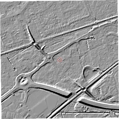 Shaded relief map of the ground around BS228QJ, computed from Environment Agency LiDAR. The ground here sits at about 5 m above sea level and falls 9 m across the surrounding 800 m. Surface water reaching this point runs off ground lying to the west-north-west, 3.4 m higher.