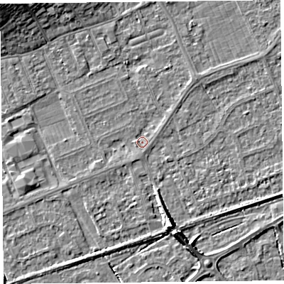 Shaded relief map of the ground around BS228QN, computed from Environment Agency LiDAR. The ground here sits at about 5 m above sea level and falls 9 m across the surrounding 800 m. Surface water reaching this point runs off ground lying to the north-east, 1.4 m higher.