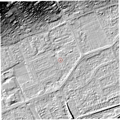 Shaded relief map of the ground around BS228QP, computed from Environment Agency LiDAR. The ground here sits at about 5 m above sea level and falls 24 m across the surrounding 800 m. Surface water reaching this point runs off ground lying to the east, 1.4 m higher.