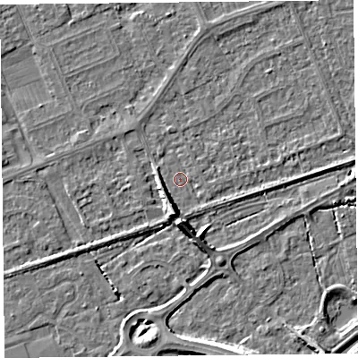 Shaded relief map of the ground around BS228QQ, computed from Environment Agency LiDAR. The ground here sits at about 5 m above sea level and falls 7 m across the surrounding 800 m. Surface water reaching this point runs off ground lying to the south-south-west, 5.0 m higher.
