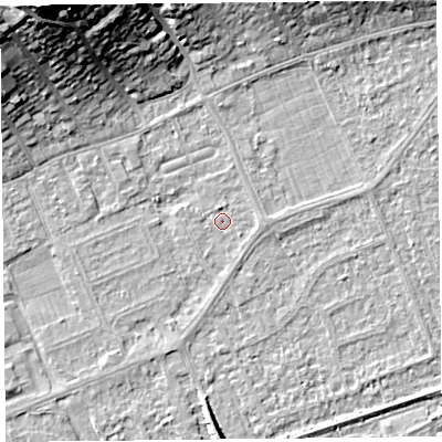 Shaded relief map of the ground around BS228QR, computed from Environment Agency LiDAR. The ground here sits at about 5 m above sea level and falls 25 m across the surrounding 800 m. Surface water reaching this point runs off ground lying to the east, 0.9 m higher.