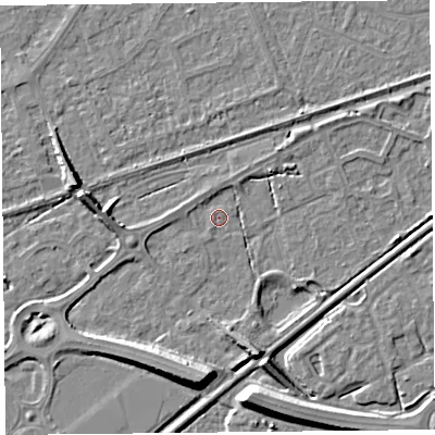 Shaded relief map of the ground around BS228QS, computed from Environment Agency LiDAR. The ground here sits at about 5 m above sea level and falls 9 m across the surrounding 800 m. Surface water reaching this point runs off ground lying to the south-south-west, 1.3 m higher.