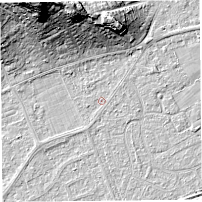Shaded relief map of the ground around BS228QT, computed from Environment Agency LiDAR. The ground here sits at about 6 m above sea level and falls 29 m across the surrounding 800 m. Surface water reaching this point runs off ground lying to the north-north-east, 0.6 m higher.